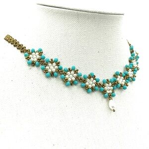 Hand Crafted Pearl and Turquoise Crystal Flower Necklace